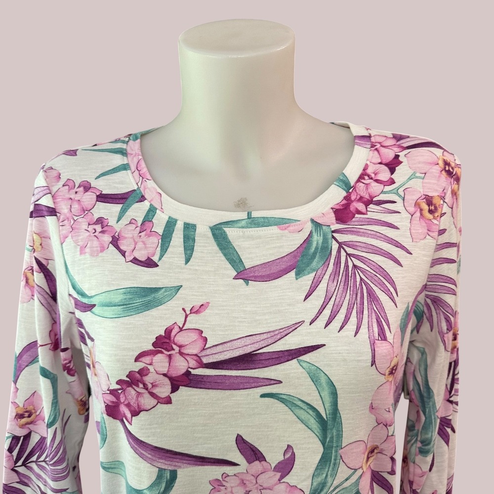 Tommy Bahama Round Neck Floral Hibiscus Long Sleeve Top Sz Small - Cotton - Picture 2 of 7